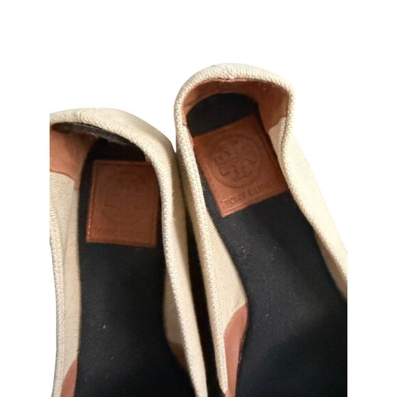 TORY BURCH Beige Black Canvas Logo Peeptoe Wedges Espadrilles Size 8.5 - Picture 8 of 12